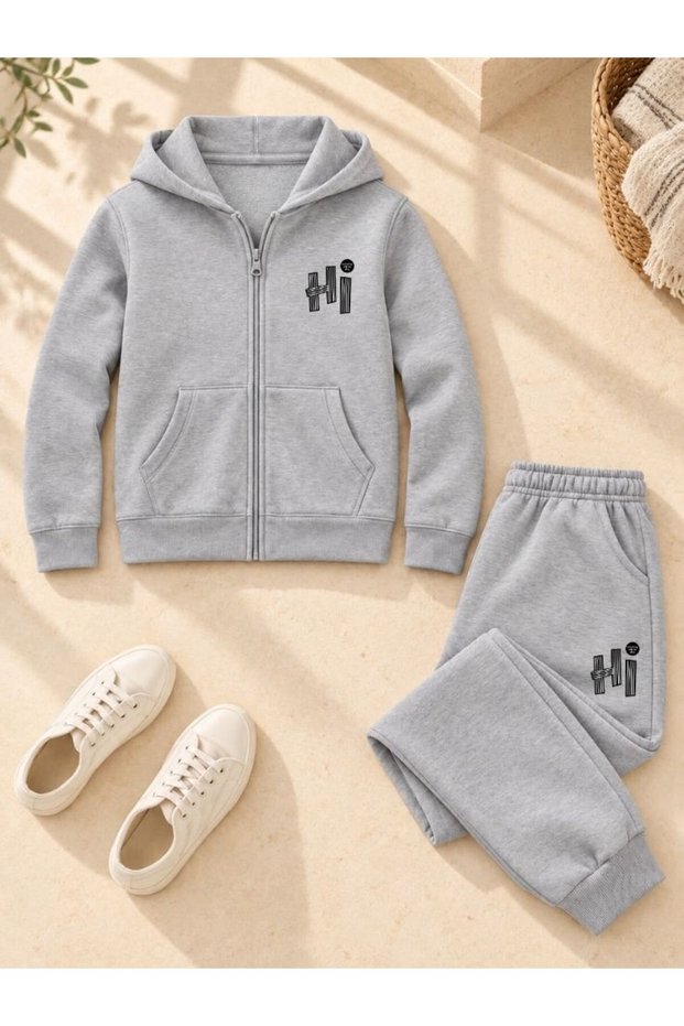 Busekids Unisex Sporty Printed Zipper Hooded Top and Bottom Set
