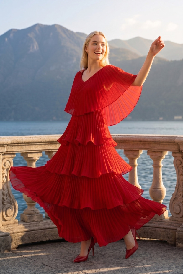 Astra V-Neck Tiered Pleated Long Chiffon Evening Dress