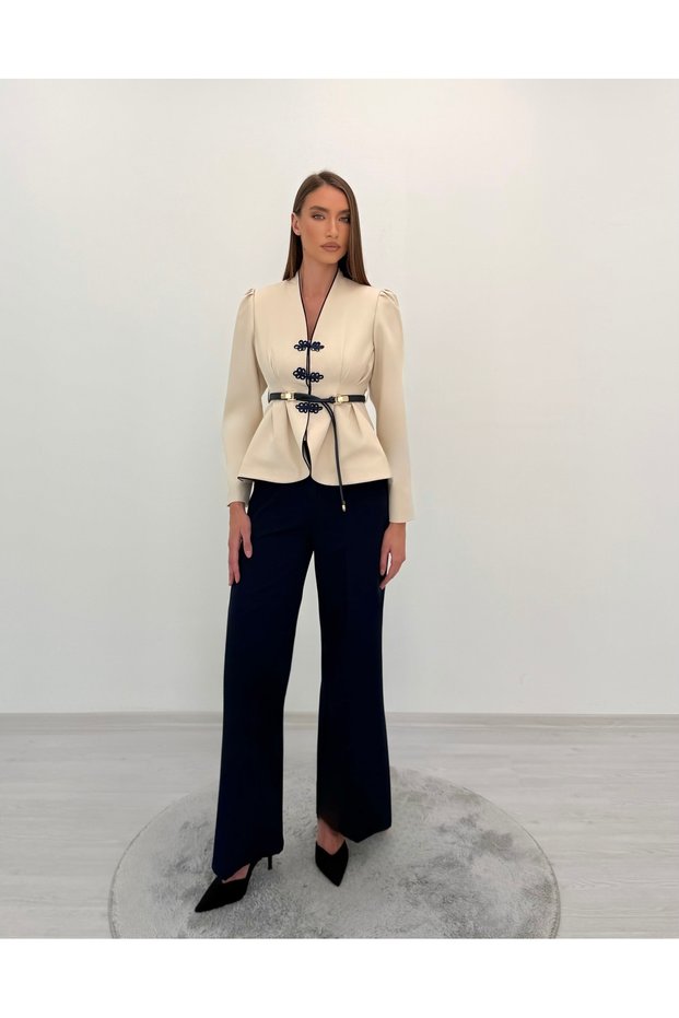 Avelina Belted Blazer with Belt Detail and Contrast Trimming, Paired with Pants—Cream and Navy Suit