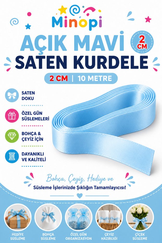Light Blue Satin Ribbon 2 cm 10 Meters, Bundle Dowry Special Day Decoration Ribbon