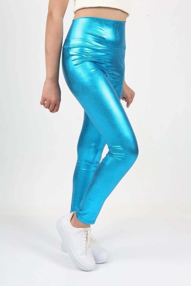 Girls' Metallic High-Shine Sparkly Sports Yoga Running Fitness Exercise Leggings — T.Blue