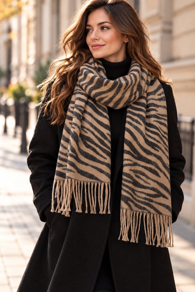 Milan | Women's Winter Shawl 66x195 cm | Taupe Color and Black Zebra-Print Oversized Tasseled Shoulder Shawl