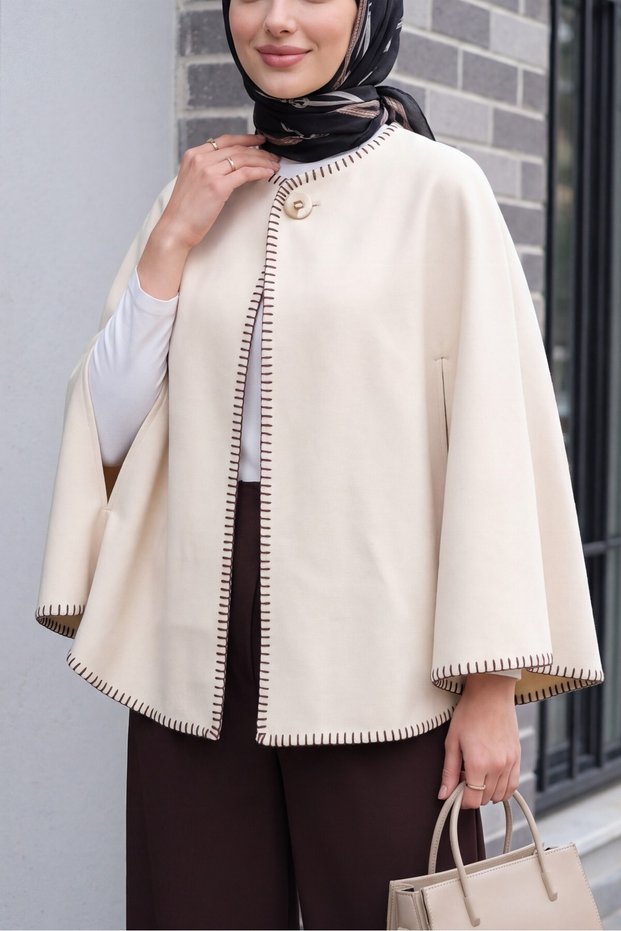Shepherd-Stitched Pocketed Melton Poncho - Beige