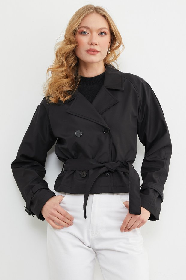 Double-Breasted Collar Trench Coat with Belt and Shoulder Detail