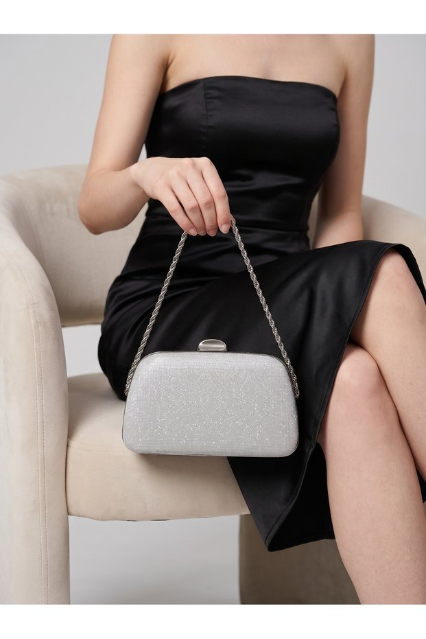 Silver Metallic Glittery Clutch Bag with Silver Metal-Accented Chain Strap for Women—Perfect for Weddings, Engagements, and Graduations