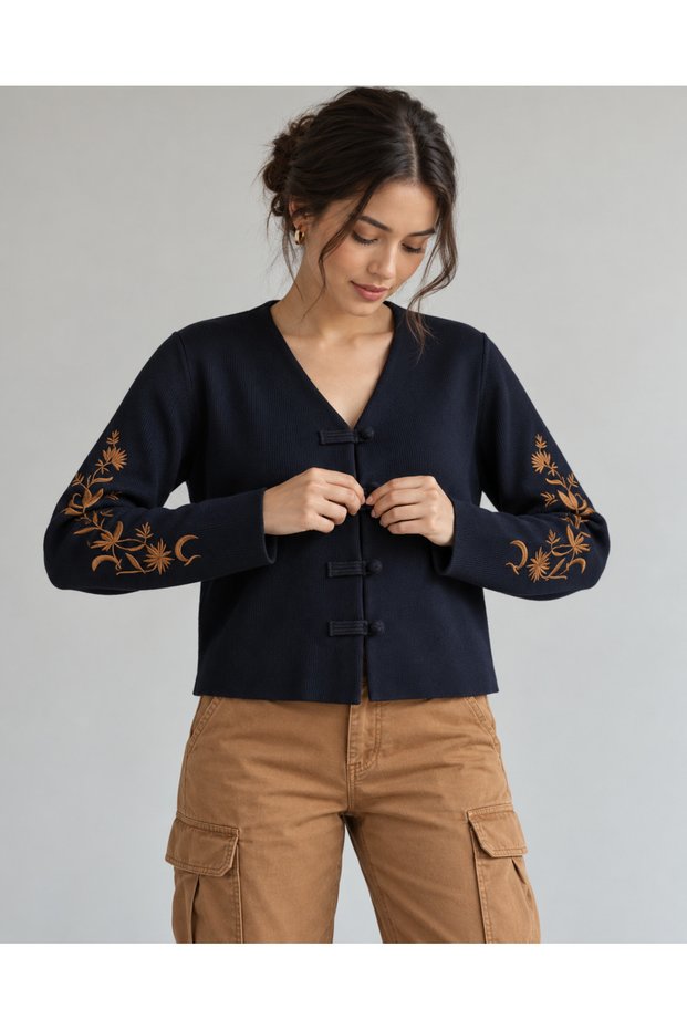 Navy Blue Embroidered Buttoned Jacket Cardigan