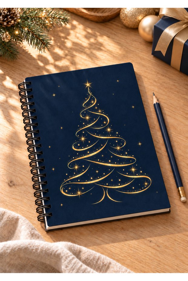 New Year (Gold New Year's Details) Design-Themed A5 Metal-Spiral-Bound, Cup-Free, Cardboard-Covered Notebook—New Year (Gold New Year's Details) Design-Themed A5 Notebook