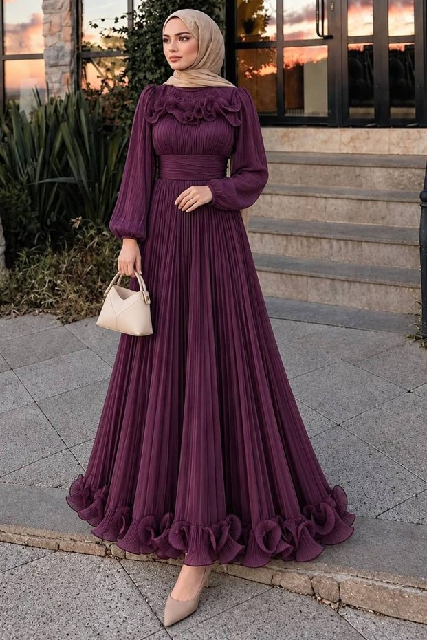Ruffle Detailed Plum Hijab Evening Dress 48231Mu