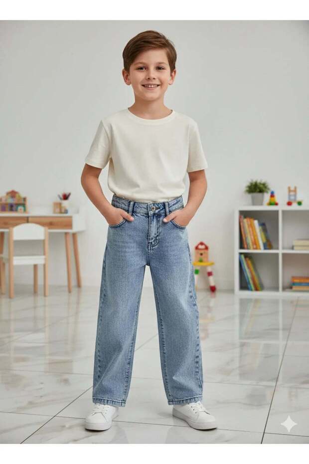 Boys' Cotton Baggy Jeans with Elastic Waistband, Relaxed Fit, Loose-Fitting — Ice Blue