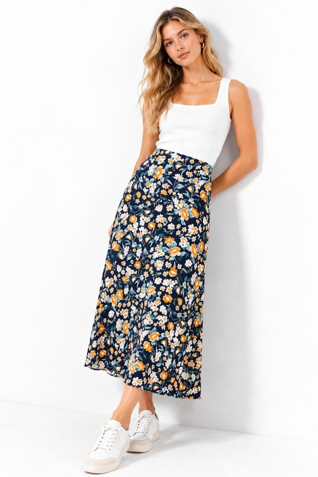 Navy Blue Floral Women's A-Line Midi Woven Skirt with Regular Floral Print - Viscose