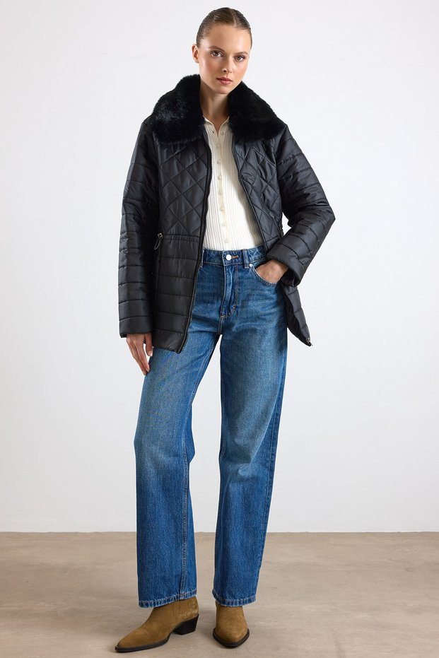 Plus-Size Quilted Jacket with Fur-Trimmed Collar and Elastic Waist, BLACK 6903
