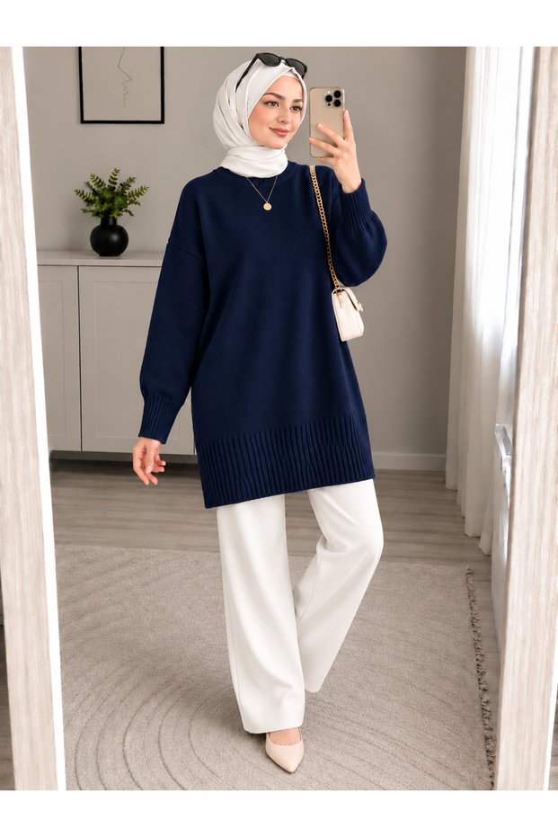 Navy Blue Crew Neck Oversize Women's Knitwear Tunic