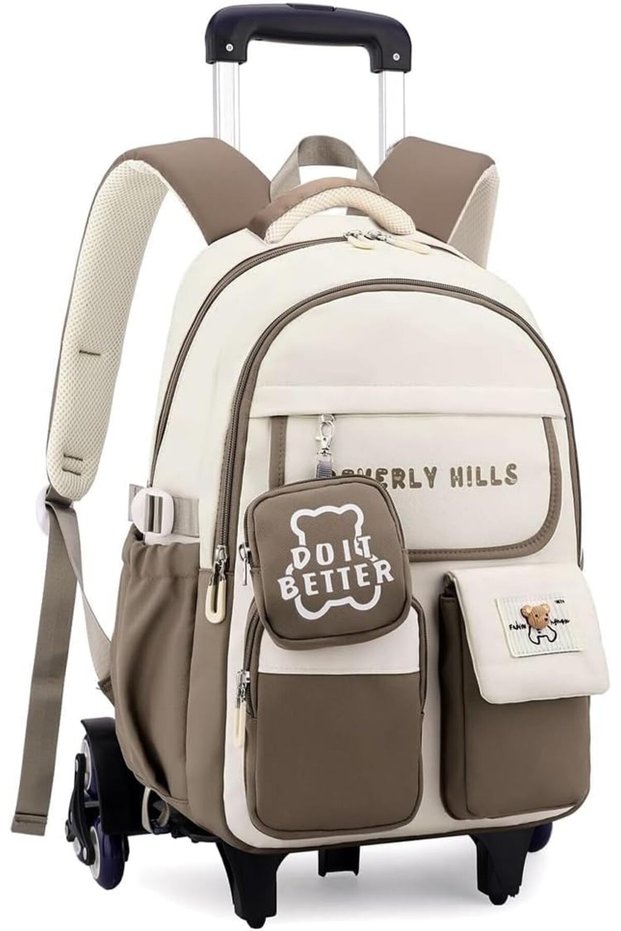 Rolling School Backpack for Boys Girls Khaki Trolley Bag