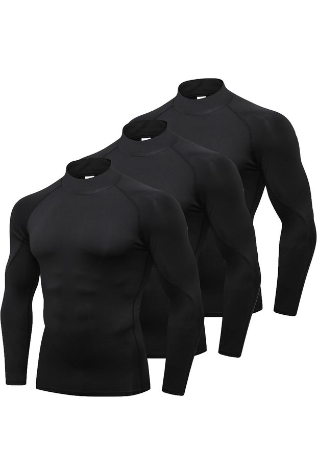 3 Pack Compression Tops for Men Long Sleeve Mens Running Top Quick Dry Turtleneck Base Layer Top for