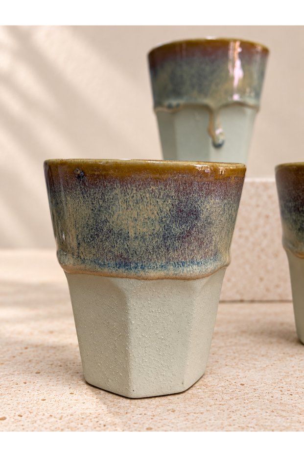 Handmade Ceramic Coffee Cup Set of 3 – Handle-less, Green and Earth Tones