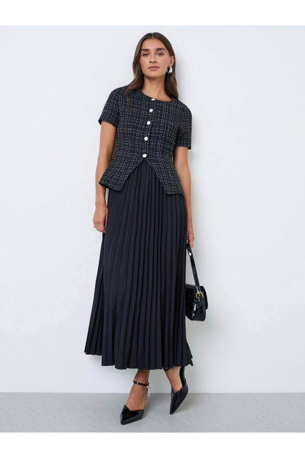 Black Twee-Look Pleated A-Line Maxi Dress