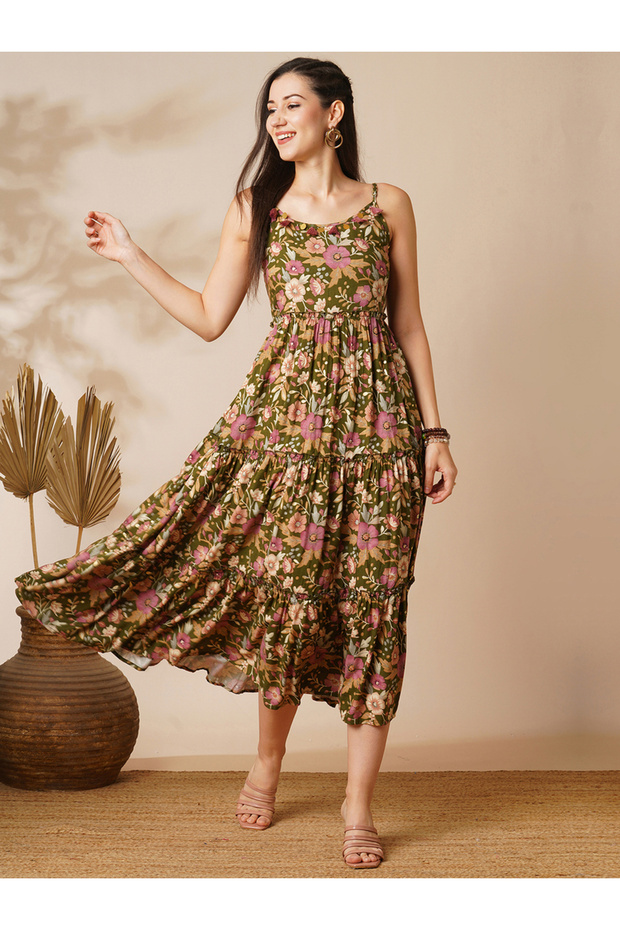 Olive Floral Tiered Midi Dress