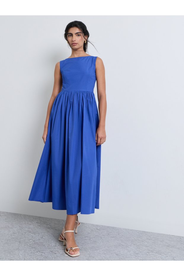 Blue Boat Neck Sleeveless A-Line Maxi Dress