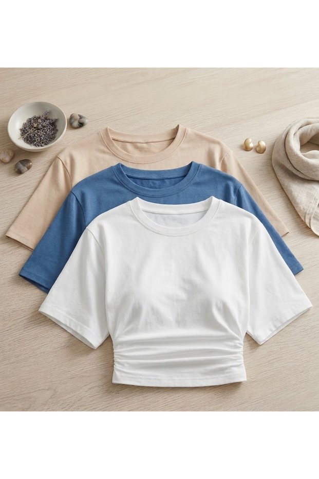 Colorful Long-Sleeve Crew Neck T-Shirt Set, 3-Pack, Beige, Blue, White