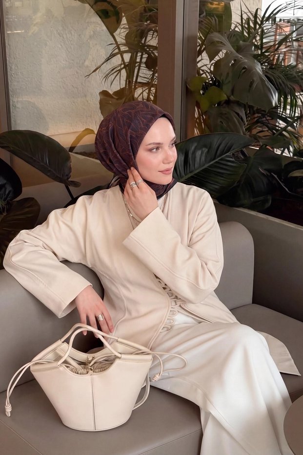 وشاح ناعم بنقشة أوراق الشجر، لون رمادي داكن.