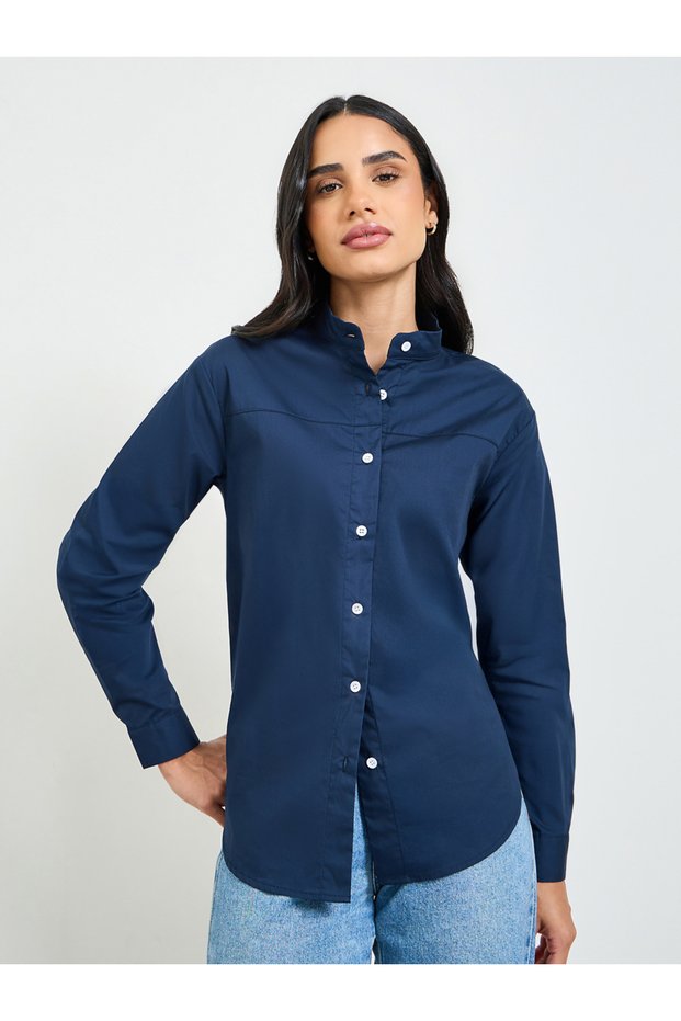 Navy Blue Solid Long Sleeves Regular Shirt