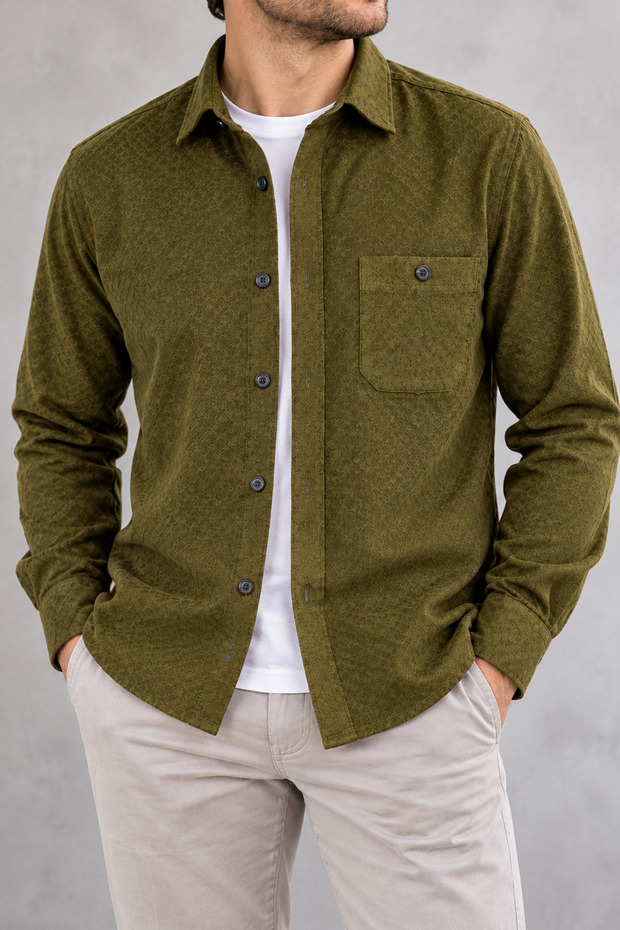 Men's Winter Cotton-Suede Long-Sleeve Shirt with Pockets