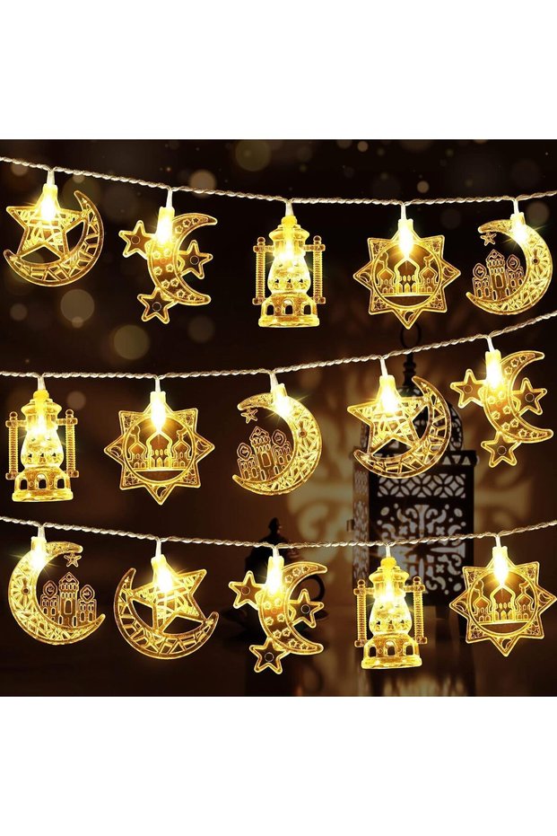 أضواء رمضان على شكل نجوم وهلال: سلسلة إضاءة 3 أمتار مع 20 مصباح LED تعمل بالبطارية - أضواء بيضاء دافئة
