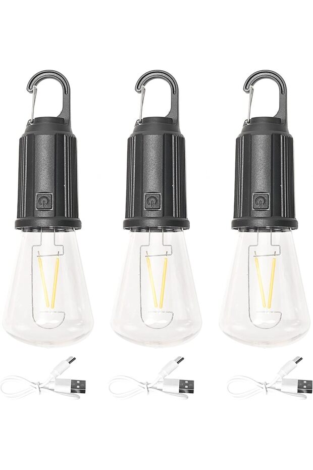مجموعة من 3 مصابيح تخييم معلقة - الطراز 2 - فانوس LED قابل لإعادة الشحن عبر USB، مصباح خيمة ST مع مشبك تعليق