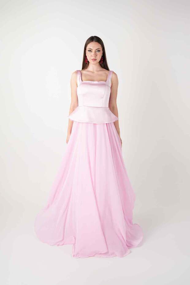 Top Satin Bottom Chiffon Designer Dress - Pink
