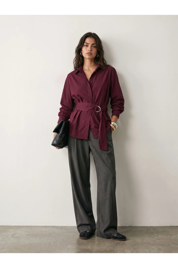 Burgundy Cotton Poplin Wrap Shirt with Belt