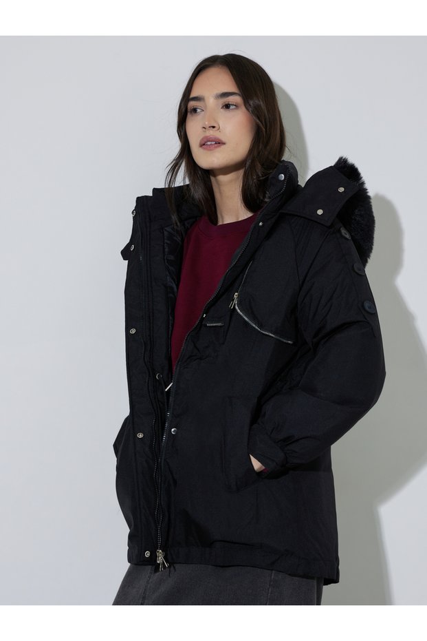 Black Longline Regular Fit Padded Coat with Faux Fur Hood