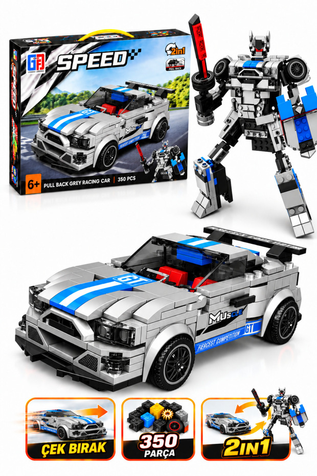 350-Piece Transformable Robot Skyline GTR Race Car Building Set with 2-in-1 Snap-and-Release Building Blocks