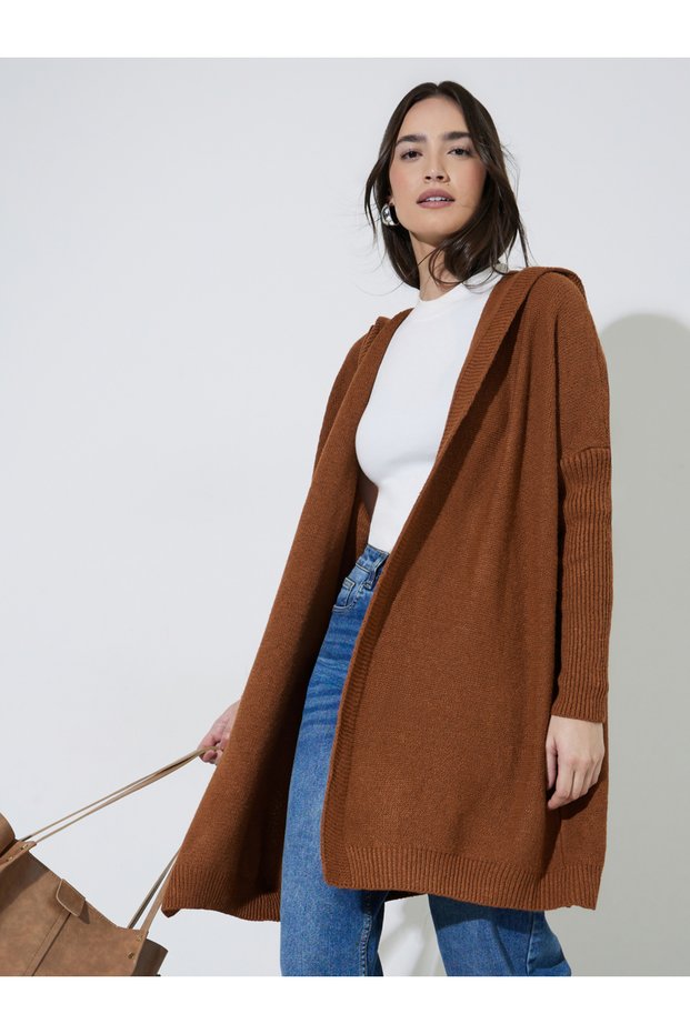 Brown Knee-Length Hooded Cardigan