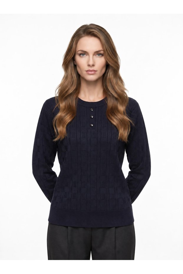 Women's Mother-Style Boat Neck Knit Sweater with Button-Front Front and Sleeves, Navy Blue