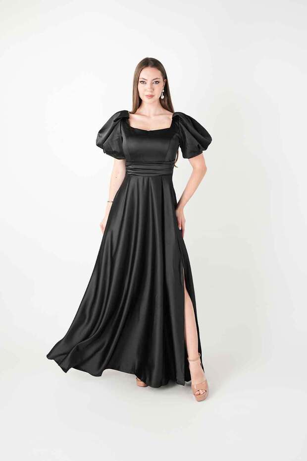 Satin Fabric Square Collar Evening Dress with Flounce Detail - Black