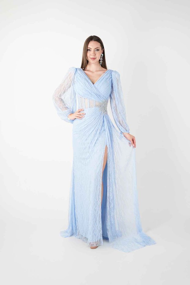 Full Lace Fabric Evening Dress with Underwire Detail - Baby Blue