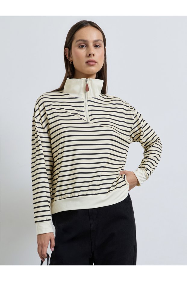 Cream Striped Quarter Zip Long Sleeve Polo T-Shirt