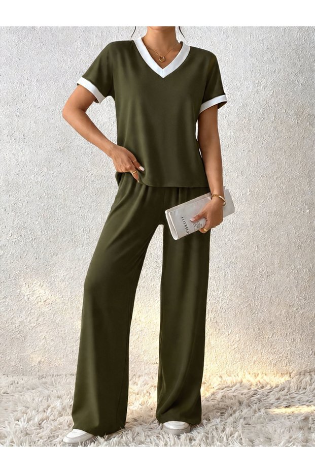 Green Solid Knit Tops and Trousers Co-Ords