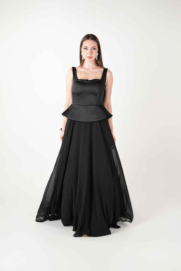 Top Satin Bottom Chiffon Designer Dress - Black