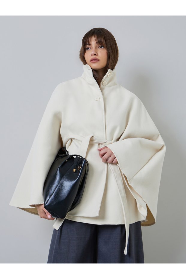 Cream Oversized Longline Wool-Like Cape Jacket