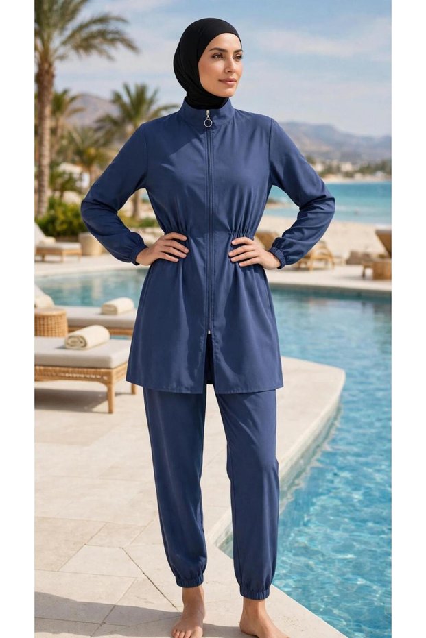 Indigo, Elastic-Waisted, Water-Repellent Fabric, 3-Piece, Fully Covering Modest Swimwear Hijab Burkini
