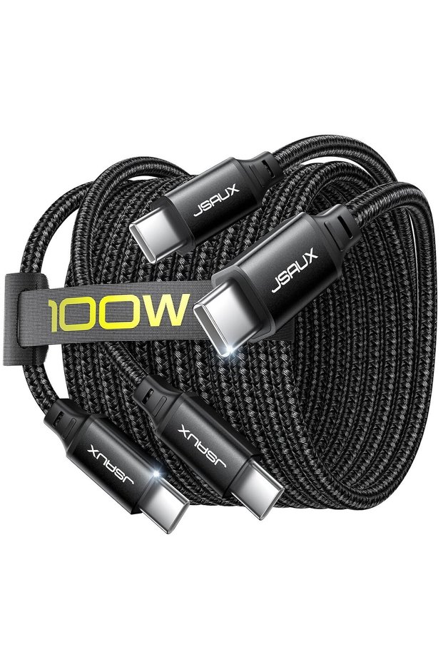 كابل USB C إلى USB C بقوة 100 واط، طول 2 متر، [عبوة من قطعتين] كابل من النوع C للآيفون، أسود اللون