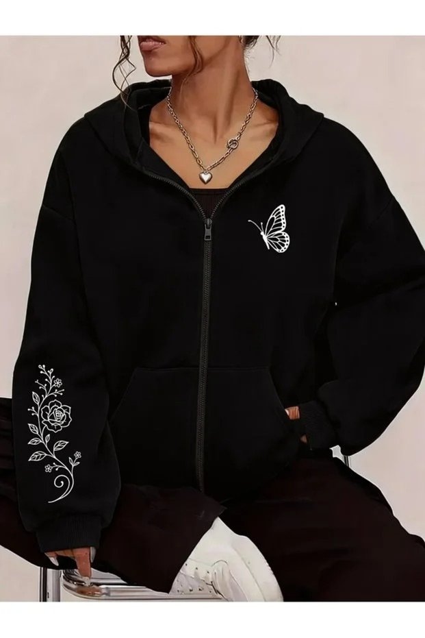 Cardigan - Black Printed Winter Oversized Hooded Zippered Pocketed Cardigan Unisex Clothing