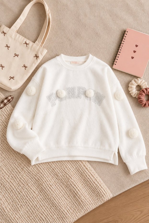 White Girls' Pom-Pom-Detailed Sequin-Embellished Crew Neck Knit Sweater 25115