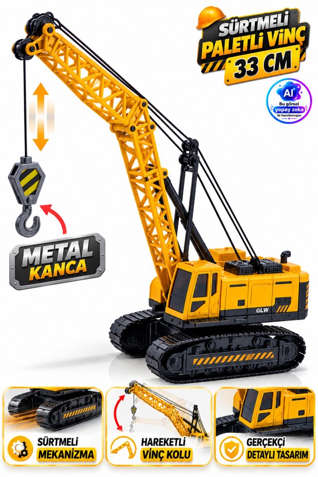 Toy Crane with Sliding Pallets, 33 cm – 360° Rotating Body, Movable Metal Hook, Adjustable Crane Arm, Realistic Construction Vehicle Toy