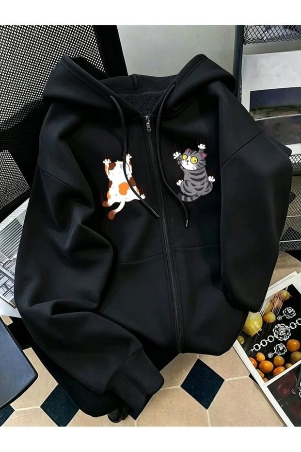 Cardigan - Black Printed Winter Oversized Hooded Zippered Pocketed Cardigan Unisex Clothing