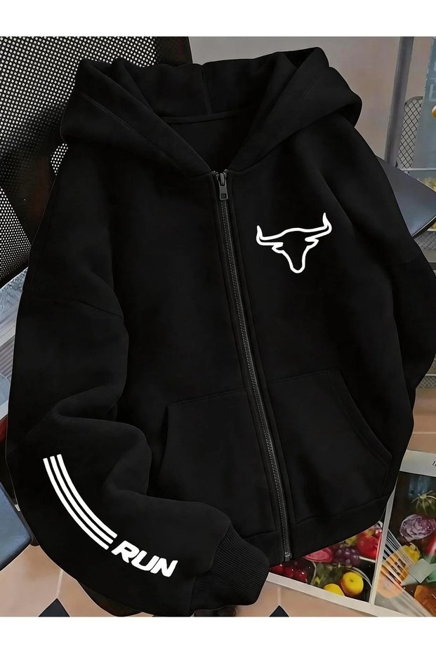 Cardigan - Black Printed Winter Oversized Hooded Zippered Pocketed Cardigan Unisex Clothing