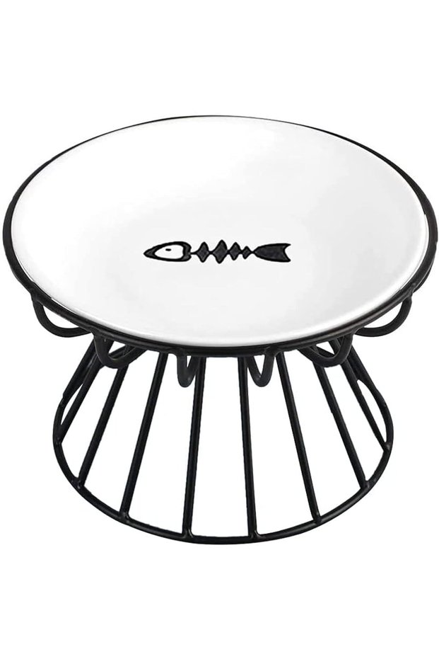 New Whisker-Friendly Anti-Vomit Cat Plate, Elevated Bowl-Raised Ceramic Cat Bowl with Metal Stand, Food & Water Anti Vomiting Shallow Ceramic Dish for Cat and Small Dogs