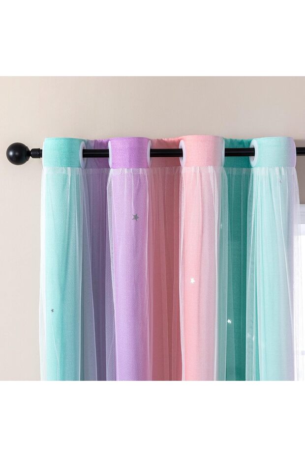 Curtains for Bedroom Decor, Rainbow PinkPuGreen-34-45
