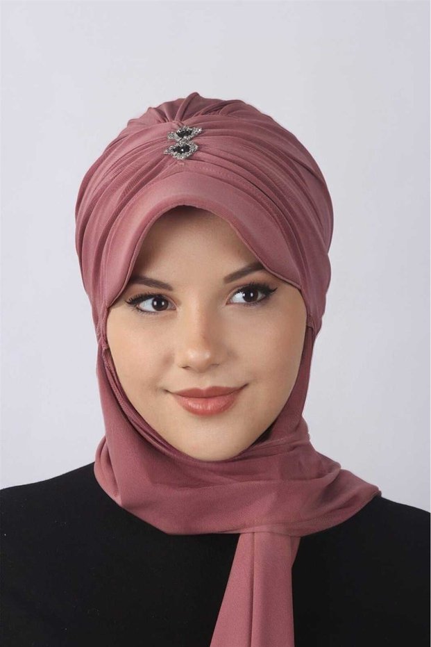 Stone-Embellished Scarf Hat Dried Rose